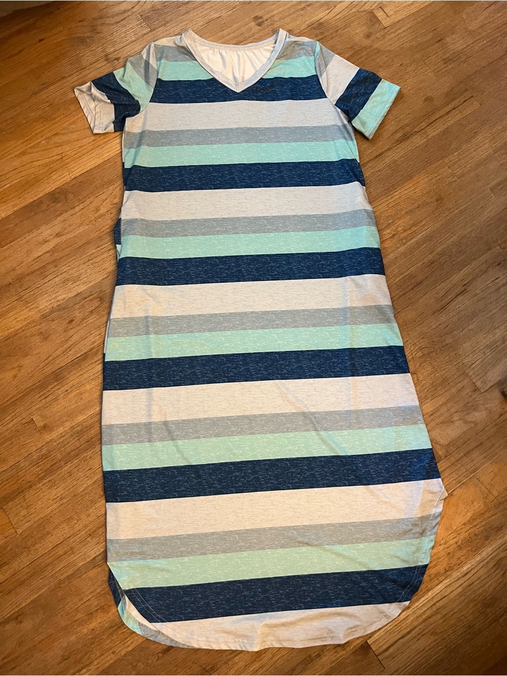 SHEIN Striped V-Neck Knit Dress in Navy, Mint, Gray, and White